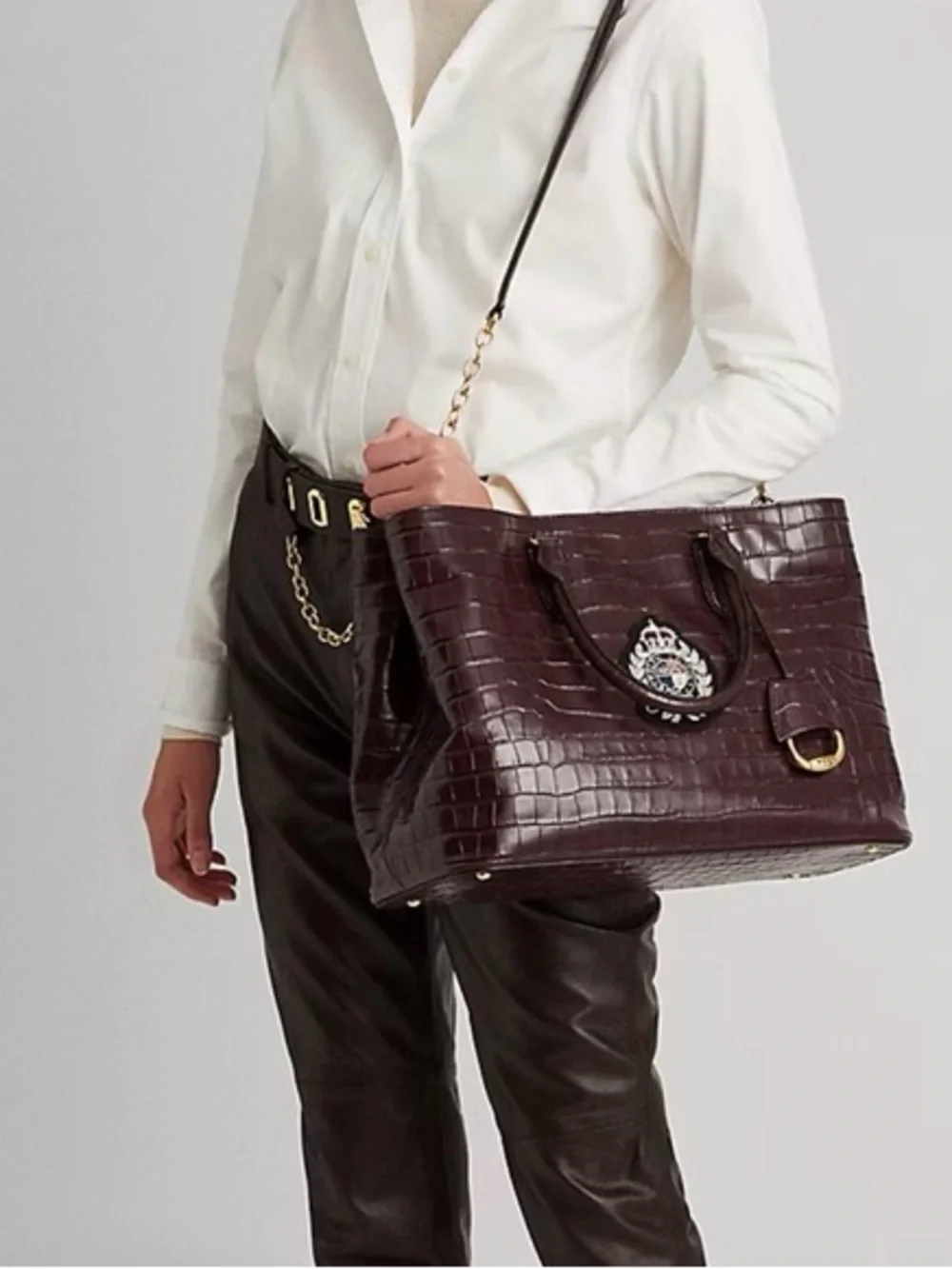 Ralph‎ Lauren Bullion Large Marcy Satchel Croc-Embossed Mahogany Leather Bag
